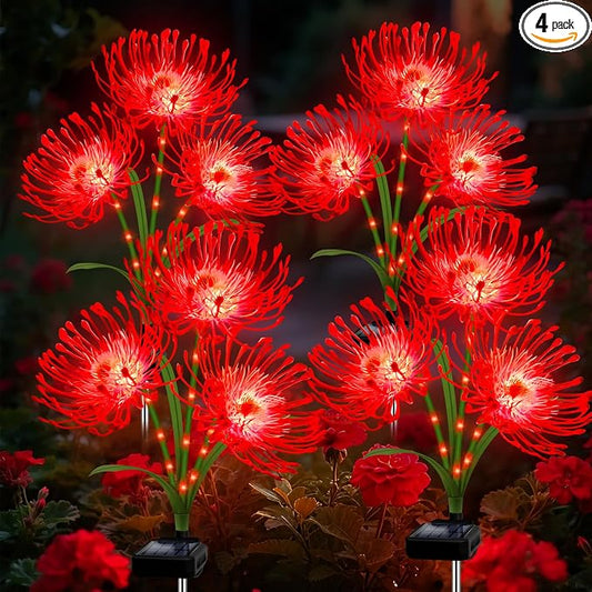 Solar Garden Flower Lights Outdoor, 4 Pack Red Spider Lily with Glowing Stems, Waterproof LED Yard Lawn Pathway Decor, Elegant Patio Garden Decoration, for Mom, Grandma, Women