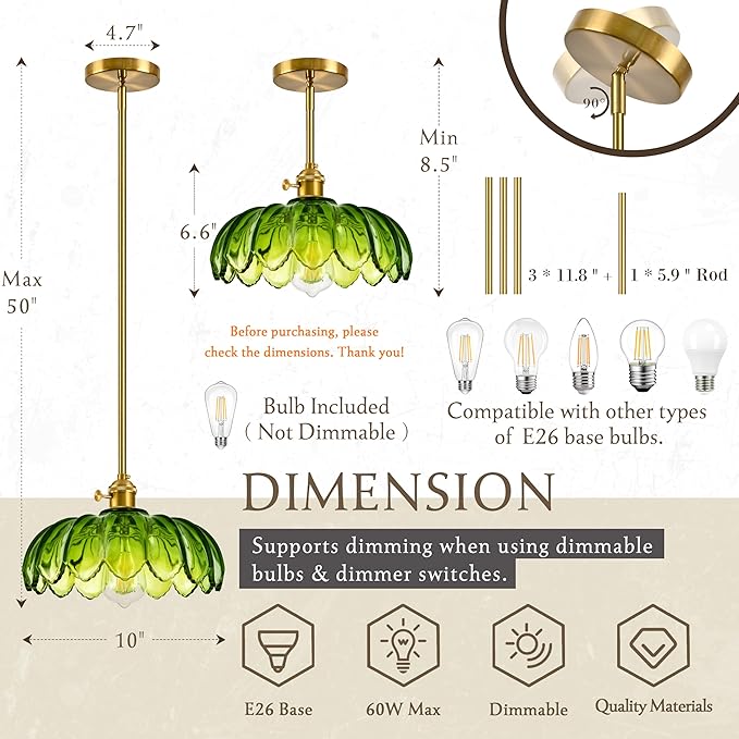 Mid Century Modern Pendant Light 2 Pack Hanging Adjustable Pendant Lights with Brushed Gold Fixture Green Flower Glass Vintage Chandelier for Kitchen Island Bedroom Dining Room（Bulb Incl.）