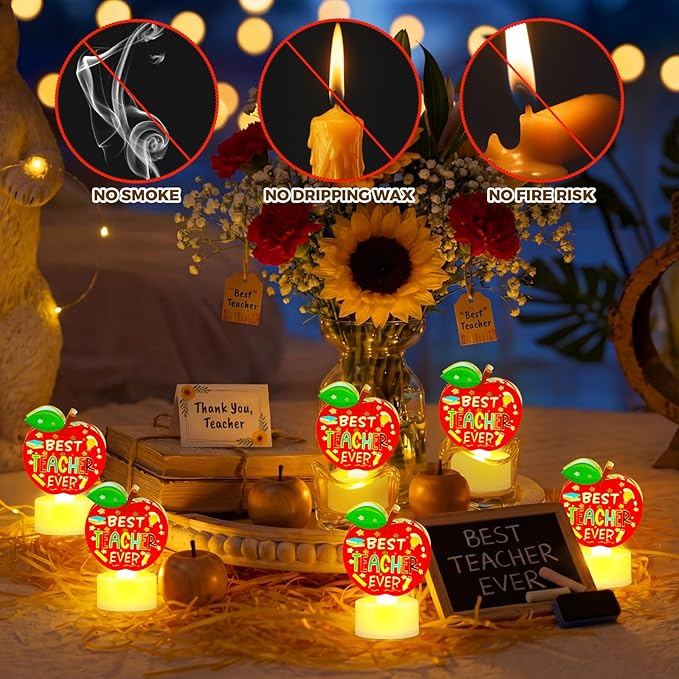 Handepo 15 Pcs Teachers Appreciation Tea Lights Gift Best Teacher Ever Flameless Candle Apple Shaped LED Battery Operated Office Table Decor for Thank You Teachers Women Men Tutor Back to School