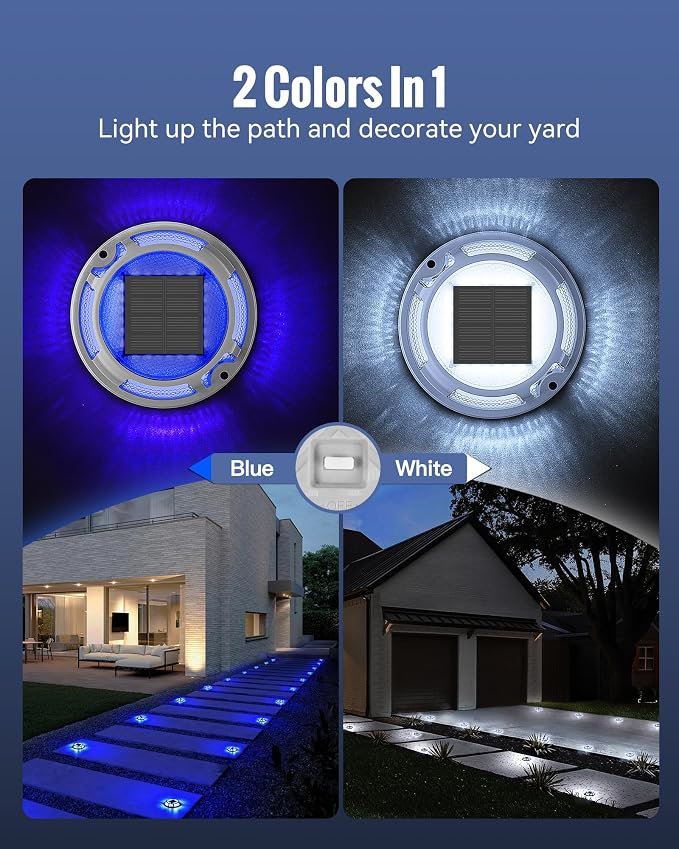 Solar Driveway Lights Dock Lights Waterproof 24 Pack, 2 Colors in 1 Outdoor LED Solar Deck Light, Solar Powered Walk Way Light Road Marker for Stair Pathway Patio,Blue & White