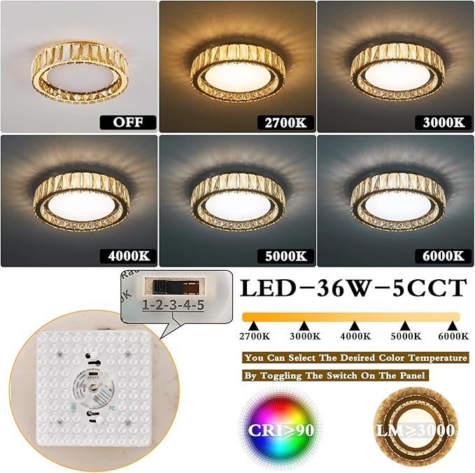 Amber Crystal Dimmable Flush Mount Ceiling Light, Gold Modern LED Close to Ceiling Light Fixture with 5CCT 2700K-6000K, Round Kitchen Lighting for Bedroom,Laundry Room, Hallway, Living room (15in 36W)