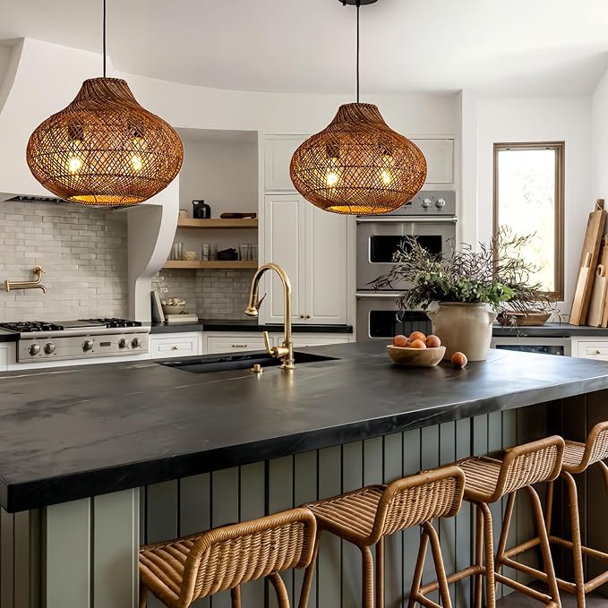 15in Rattan Light Fixture, 2-Light Wicker Woven Chandelier Rustic Pendant Lights Rattan Hanging Lamp for Kitchen Island Dining Room Yard Restaurant Garden Design