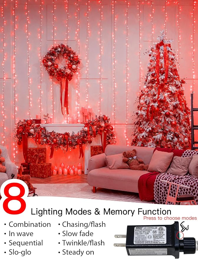 String Lights Indoor Bedroom, 33FT 100 LED Fairy String Lights Outdoor Waterproof, 8 Modes Memory Twinkle Christmas Light Plug in for Classroom Dorm Patio Tree Garden Decor (Red)