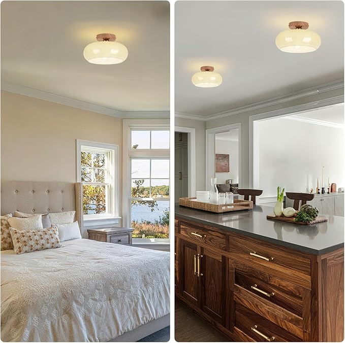 Mid Century Modern Schoolhouse Semi Flush Mount Ceiling Light, Cream Glass Lamp with Wood Grain Metal Base, Rustic Farmhouse Lighting Fixture for Bedroom, Hallway, Dining, Living, Entryway