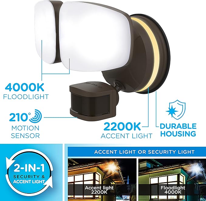 Enbrighten VIBE Smart LED Security Light, Dual Head, Motion Activated, ETL Listed, UV Resistant, 2500 Lumens, 4000K, Compatible with Alexa, Google Home, Bronze, 85900