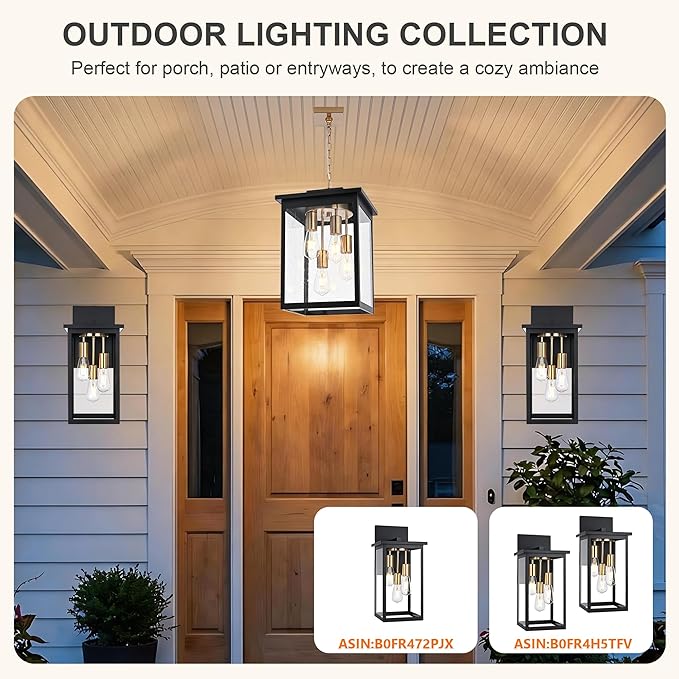 TODOLUZ 4-Lights Large Outdoor Pendant Light Fixture, Waterproof Porch Hanging Lighting with Adjustable Chain Seeded Glass Panel & E26 Bulb Base for Porch Patio Garden