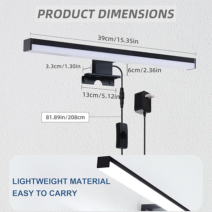 15.4" Plug in Bathroom Light Fixtures Matte Black Vanity Lights,7W LED Picture Light 3 Installation Methods 6700K White-Light Vanity Light Bar Wall Sconce for Bedroom/Living Room/Kitchen