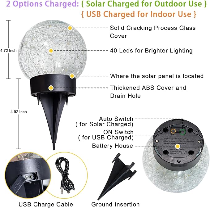 Beautyard Solar Globe Lights Outdoor Large Garden Decor USB Charged 4.72" Diameter 40LED 1000mAh Solar Cracked Glass Globe Lights for Outdoor Indoor Decor (4.72'' Large 2 Pack Colorful)