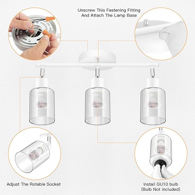 BoostArea 3-Light Bathroom Light Fixtures, White Modern Vanity Wall Lights with Clear Glass Shade,Flexibly Ceiling Light for Mirror Kitchen Living Room Hallway Cabinet Porch