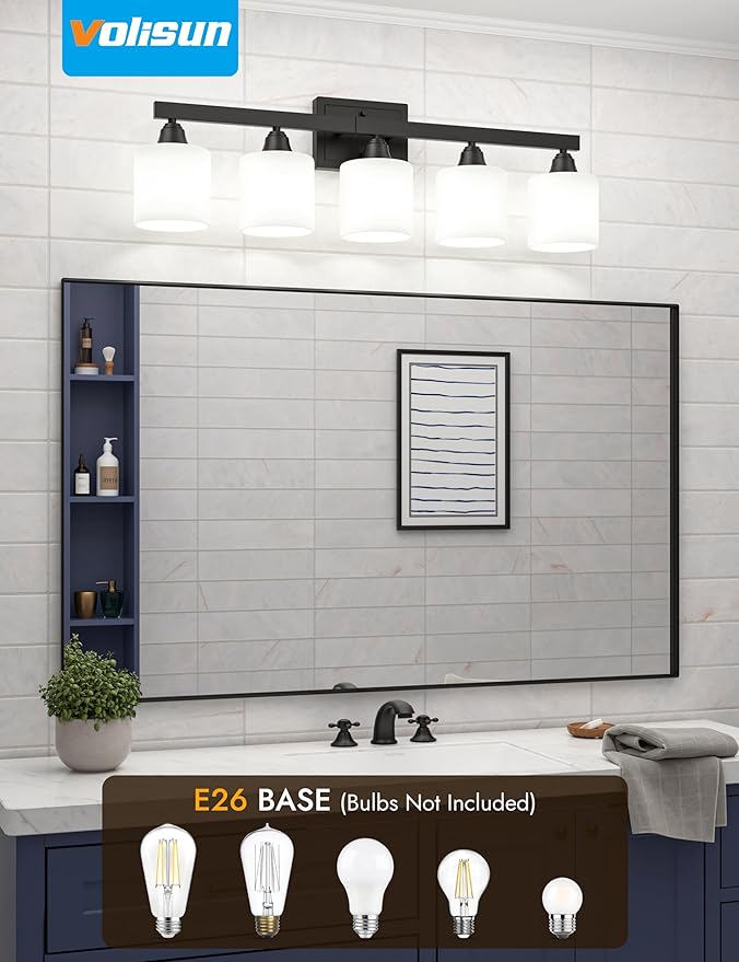 VOLISUN Matte Black Bathroom Light Fixtures, 5-Light Bathroom Vanity Lights Over Mirror, Modern Vanity Light for Bathrooms, Bathrooms Lights Fixtures Over Mirror with Milky White Frosted Glass Shades