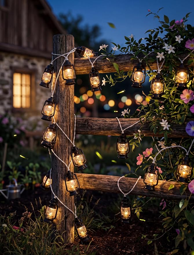 8.5Ft Black Mini Kerosene String Lights, Vintage Camping Lantern Lights Outdoor with 10 LED Oil Lamp Bulbs, Waterproof Connectable Plug in Fairy Lights for Patio RV Awning Bedroom Party Holiday Decor