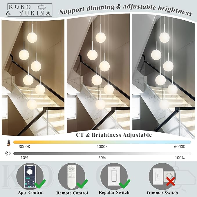 KoKo&Yukina Globe Pendant Light 6 Light White Globe Pendant Lights Kitchen Island Mid Century Light Fixture with Milky White Glass Shade Lights for Staircase