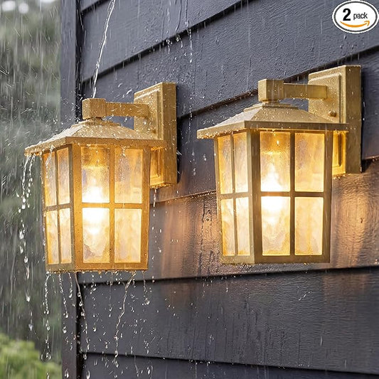 KDG Outdoor Waterproof Patio Wall Light Fixtures Set of 2, Gold E26 Socket Exterior Lanterns with Tempered Glass, Modern Wall Mounted Lamp Suitable for Home, Front Door, Garden, Garage, Porch