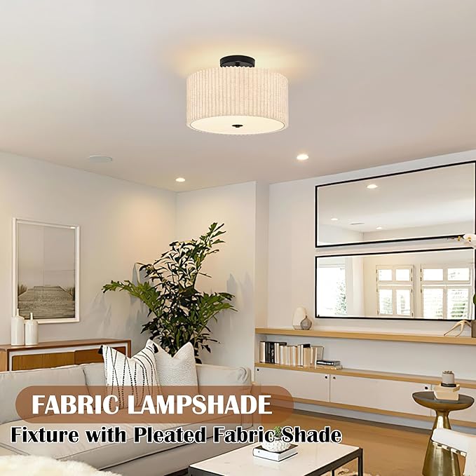 Bagood 3-Light Semi Flush Mount Ceiling Lights Fixture 16 Inch Drum Light Fixture Drum Ceiling Lights with Pleated Fabric Shade Black Close to Light Fixtures for Hallway Living Room