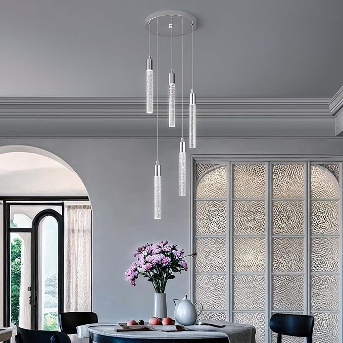 Modern Light Fixture Kitchen Island Pendant Light Dimmable LED Chrome Pendant Lights Mini Crystal Pendant Lighting for Bedroom Dining Room Living Room（5-Light ）