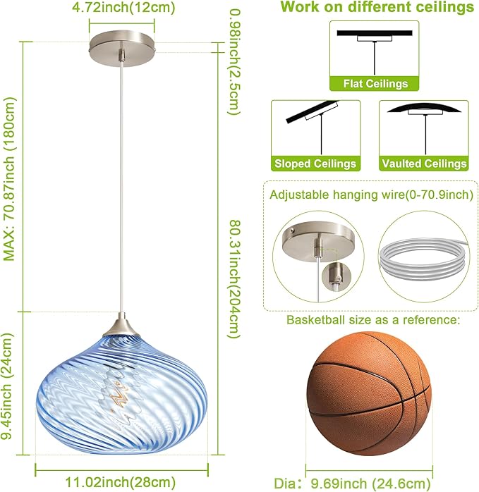 Glass Pendant Lights Kitchen Island, 11'' Brushed Nickel Pendant Lighting Fixtures, Modern Hanging Ceiling Light with Striped Blue Glass Shade for Farmhouse Dining Room Bedroom Hallway(1 Pack)