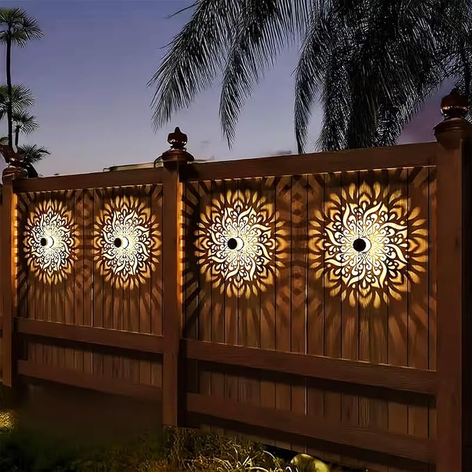 4 Pack Solar Wall Mandala Lights Outdoor, Decorative Solar Fence Mandala Lights Waterproof Metal Solar Powered Deck Step Lights for Garden Patio Post Backyard Yard (Mandala-4 Pack, Warm)