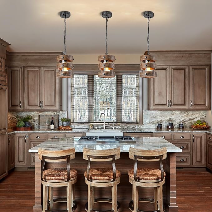 2pack Farmhouse Wood Pendant Lights Kitchen Island, Dining Room Lighting Fixtures Over Table Rustic Chandelier Height Adjustable Hallway Light for Foyer Living Room Bar Restaurant