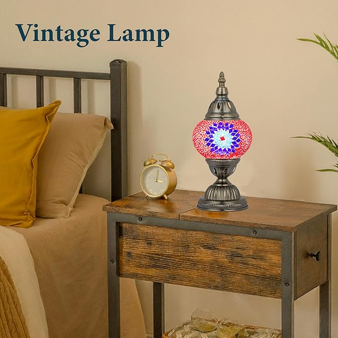 Marrakech Vintage Lamp Turkish Mosaic Lamps with Tiffany Style, Handmade Moroccan Table Lamps with Bronze Base Including LED Bulb for Living Room Bedroom Decor (Red)