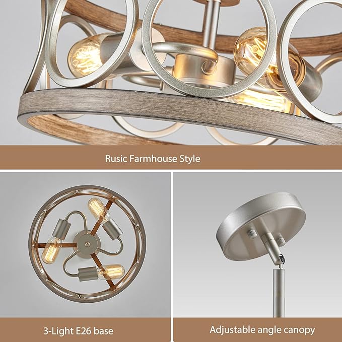 Farmhouse Ceiling Light Fixture, Drum Round Modern Semi Flush Mount Ceiling Light for Kitchen Bedroom Dining Living Room, 13" Metal Nickel and Wood Grain Chandeliers