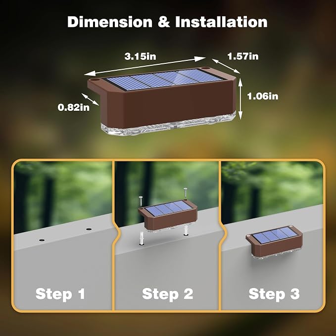 Peasur 12 Pack Solar Fence Lights Outdoor,Deck Light Solar Powered, IP65 Waterproof Led Riling Solar Lights Brown Frame for Outside Yard Step, Wram White