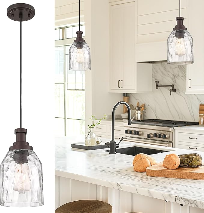 zeyu 1-Light Kitchen Hanging Light Fixture, Farmhouse Island Pendant Lighting, Water Ripple Glass Shade, Oil Rubbed Bronze Finish, ZG33M1L-L ORB-WG