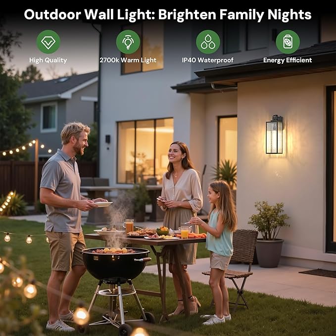 DORESshop 18 Inch Large Size Dusk to Dawn Outdoor Wall Lights, Matte Black Waterproof Anti-Rust Outdoor Light Fixtures Wall Mount with Water Ripple Glass Shade for Porch, with T30 Light Bulbs, 2 Pack