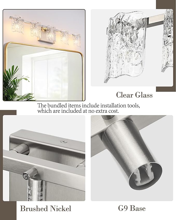 5-Light Bathroom Vanity Light, 31" Brushed Nickel Bathroom Light Fixture Over Mirror with Clear Glass, Modern Bath Wall Sconce Lighting, View Bundled for Installation Tools, OS-MM5002-5BN