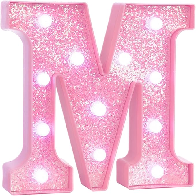 Pink Marquee Light Up Letters, Glitter Alphabet LED Letter Lights for Pink Birthday Party Decorations, Battery Operated Letter Sign for Girls Room Vanity Table Decor, Cool White Lights Letter M