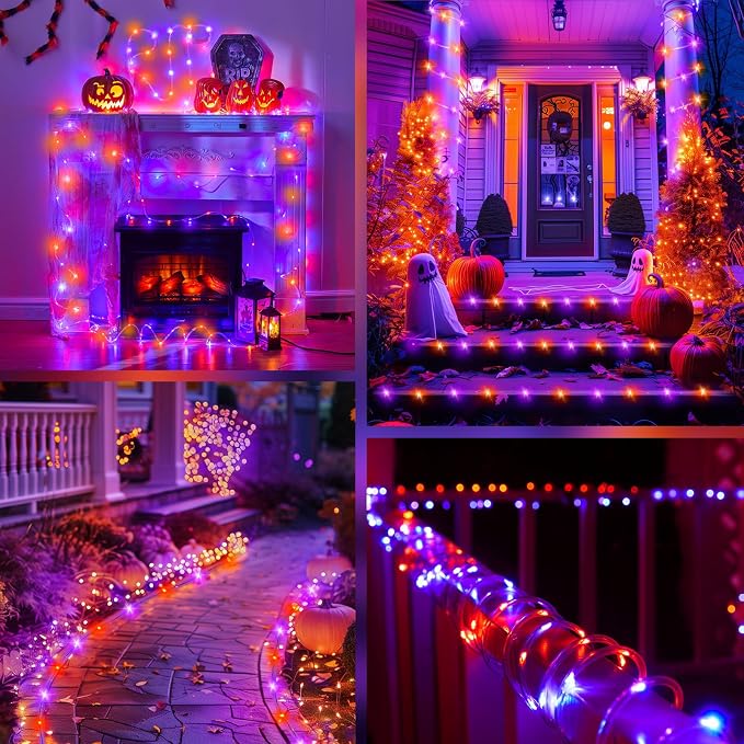 Brightown Solar Halloween Lights Outdoor, 39FT 100 LED String Lights With 8 Modes, Decoration Outdoor, Waterproof Solar String Lights for Outside Tree Yard Party, Orange & Purple
