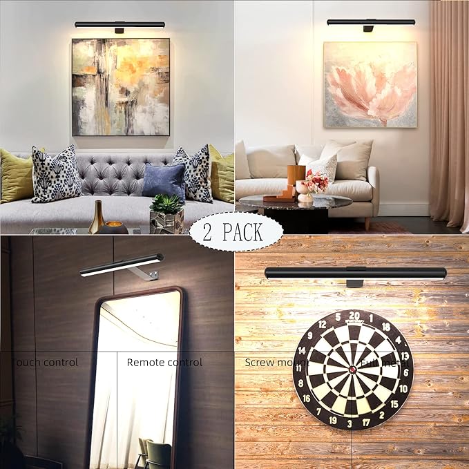 TINTINDOC 2Pack Wireless Picture Lights with Remote,Battery Operated,16.5'' Painting Lights for Art Picture Full Metal with Dimmable Timer, Magnetic Attached Display Light for Dartboard Gallery