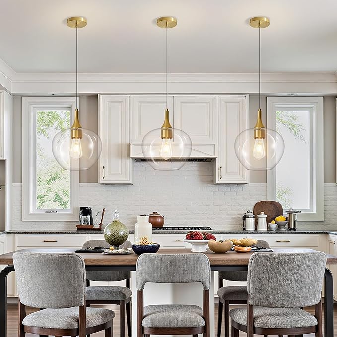 Glass Pendant Lights Kitchen Island, 9.45'' Brass Gold Pendant Lighting Fixtures, Modern Hanging Ceiling Light with Clear Glass Shade for Farmhouse Dining Room Bedroom Hallway(1 Pack)
