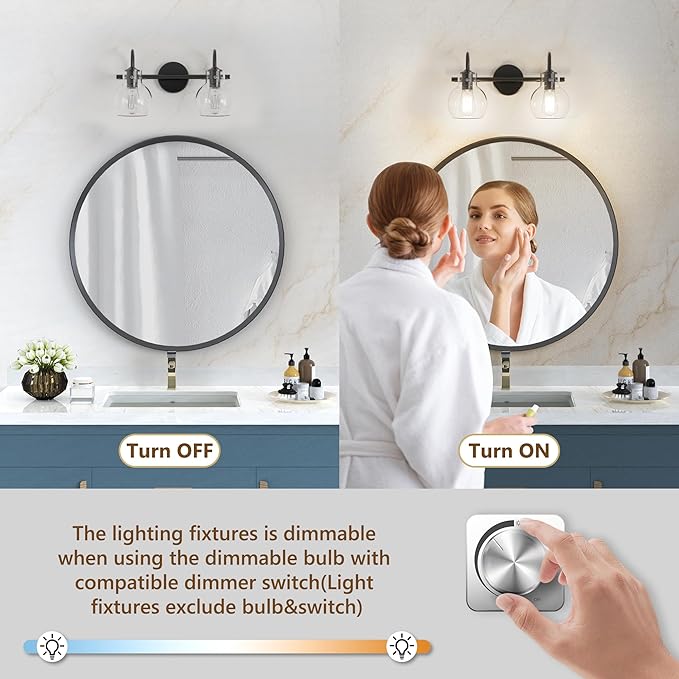 Bathroom Vanity Light Fixtures, Modern 2 Lights Vanity Lighting Fixture Matte Black, Farmhouse Metal Wall Lamp with Globe Glass Shade, Porch Wall Mount Light Fixture for Mirror Cabinets