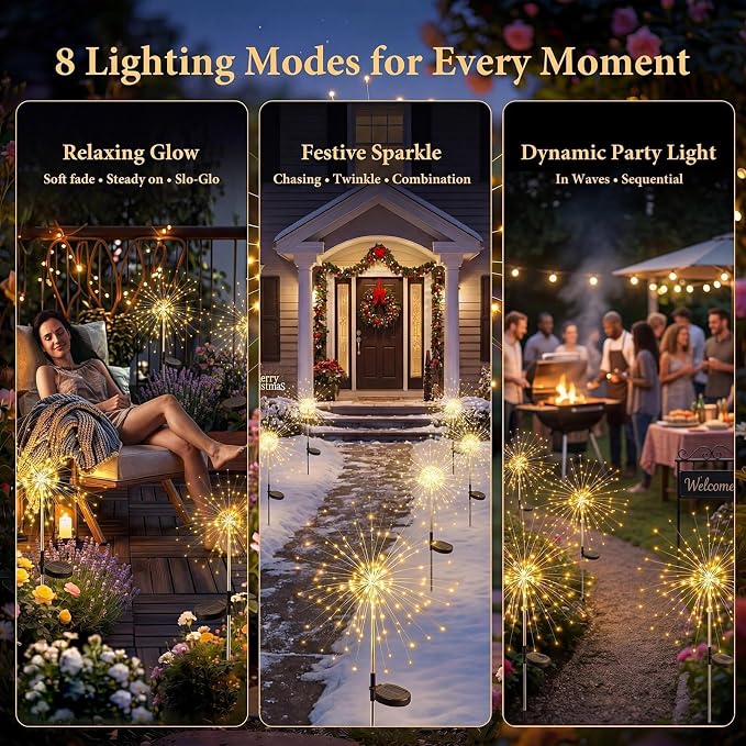 Solar Firework Lights Outdoor 4 Pack, 120LED Solar Starburst Garden Lights with 8 Modes,Waterproof Decorative Sparkler Light for Backyard, Garden, Patio & Lawn Landscape Decor