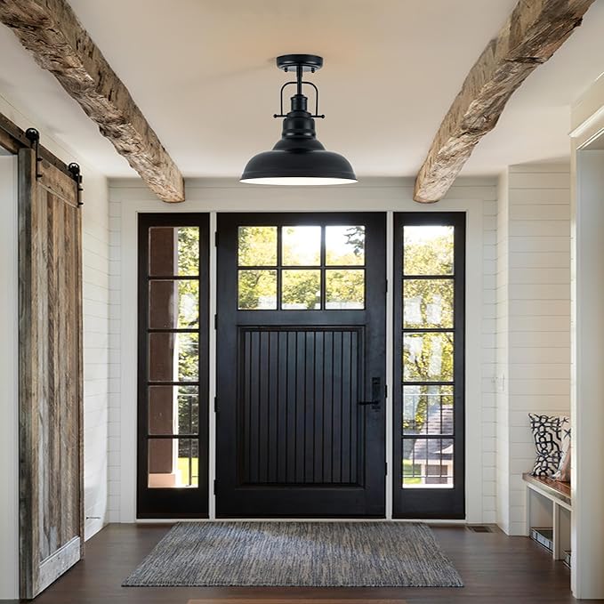 Zlepmlla Famrhouse Ceiling Light, Semi Flush Mount Light Fixture with Metal Dome Shade, Balck Ceiling Light for Hallway, Entryway,Kitchen
