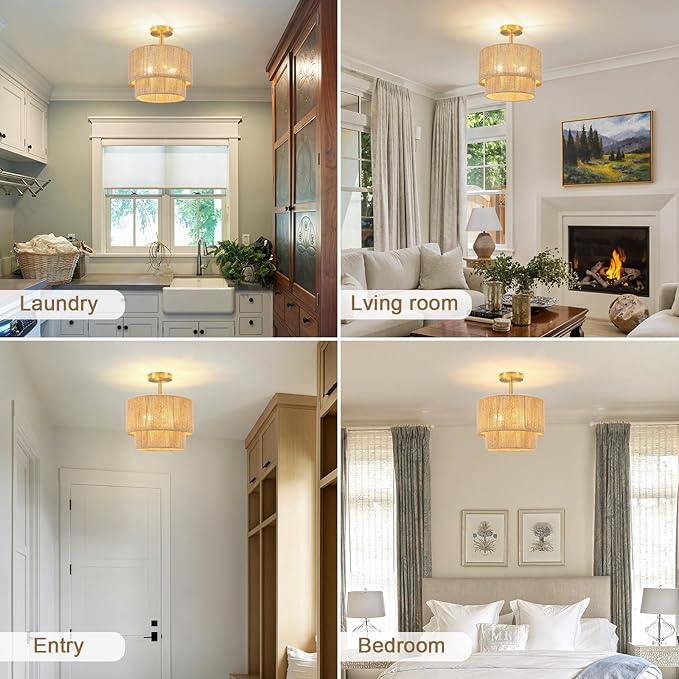 3-Light Boho Light Fixtures Ceiling Mount, 12.6" Rattan Semi Flush Ceiling Light with 2-Tier Shade, Rustic Hand-Woven Chandelier for Hallway Kitchen Foyer Farmhouse Bedroom