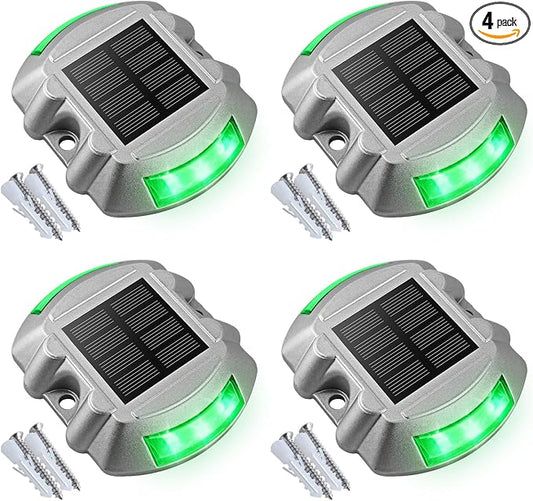 VOLISUN Christmas Solar Deck Lights Driveway Dock Lights, 4-Pack Led IP68 Waterproof Outdoor Warning Step Light for Driveway Sidewalk Garden Pathway Yard(Green, Auto On/Off