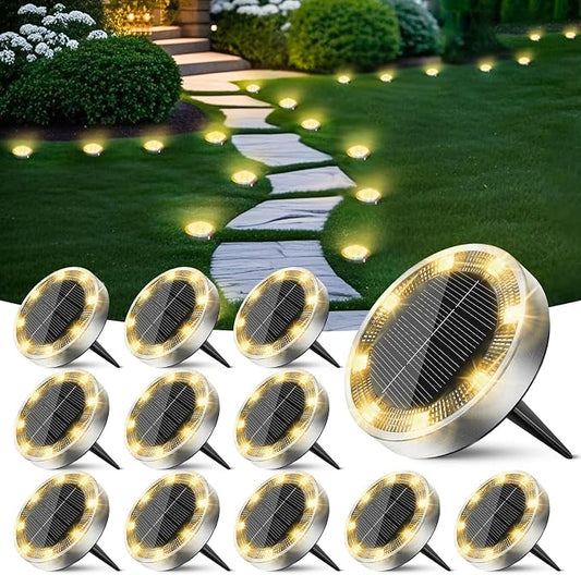 Peasur Solar Lights Outdoor Waterproof -12 Pack Solar Ground Lights Anti-Rust, Flat Solar Powered Disc Lights Landscape Lighting for Deck Step Patio Yard Pathway Walkway Driveway Garden, Warm White