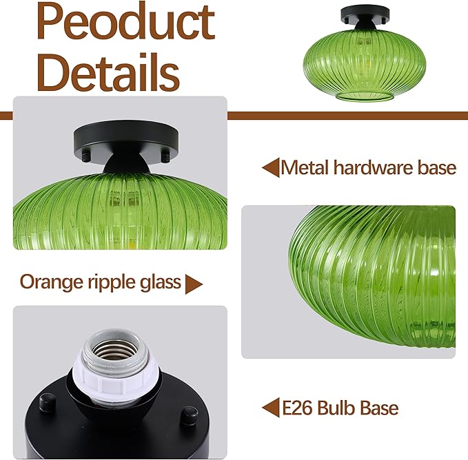 Green Vintage Glass Semi-Flush Ceiling Light - Mid Century Modern Art Deco Lighting Fixture for Hallway, Kitchen, Dining Room, Entryway, Foyer, Porch, Laundry Room
