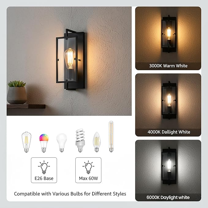 Black Wall Sconce, 13 in. Indoor Wall Lamp with Tempered Glass, E26 Base for DIY Lighting Fixture, ETL Bathroom Vanity Light Wall Mounted for Hallway, Living Room, Bedroom, Kitchen Decor