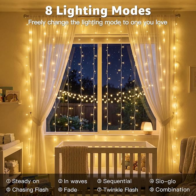 Ollny Curtain Lights 600 LED 19.7x9.8ft, Outdoor Waterproof String Lights for Backdrop, Fairy Light with Remote Timer 8 Modes, Plug in Christmas Light for Wall Wedding Patio Gazebo, Warm White
