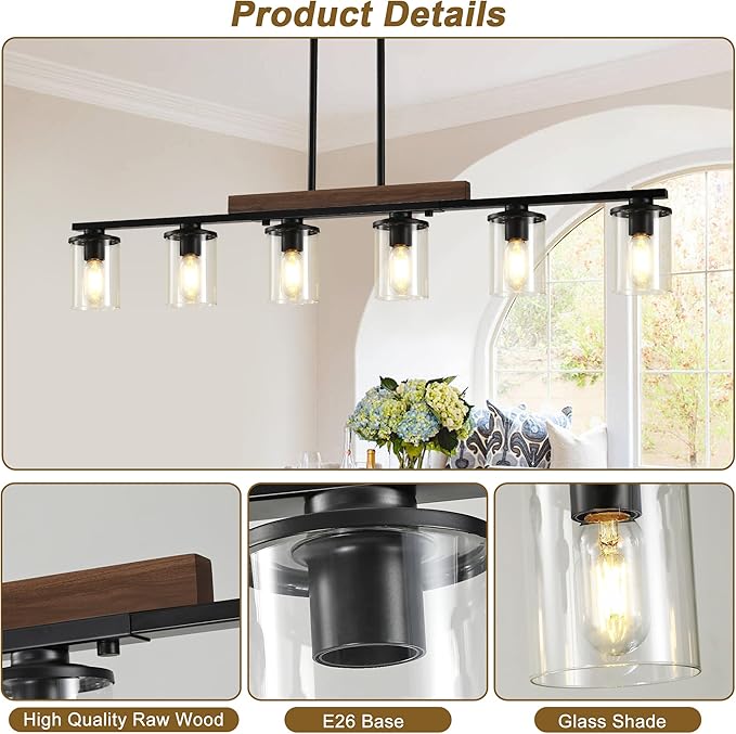 47.2'' Kitchen Island Light Fixtures, 6-Light Dining Room Light Fixture Chandelier Over Table, Black Modern Rustic Wood Ceiling Pendant Light Fixtures, with Clear Glass Shade, Farmhouse Chandelier