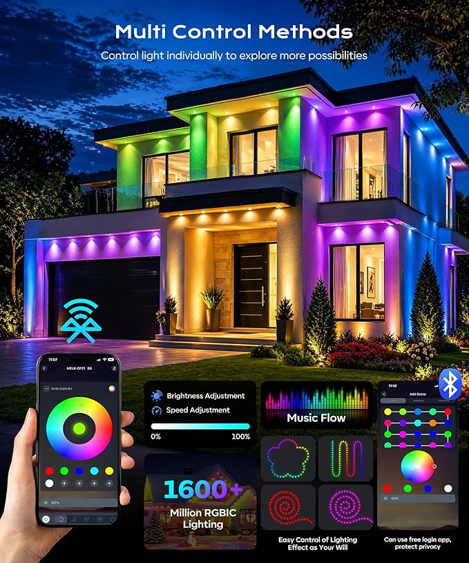 Permanent Outdoor Lights for House,50ft RGB+IC Lights with 16 Million Colors & 50 Scene Modes, App/Remote Control, IP67 Waterproof, DIY Music Sync, for Christmas, Holiday & Party Decor