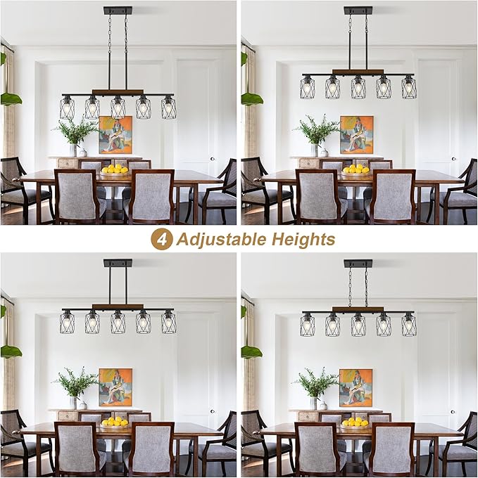 5-Light Dining Room Light Fixture/Chandelier Over Table, Island Lighting Hanging for Farmhouse Linear Chandeliers Matte Black Rustic Wood Ceiling Pendant Light Fixtures, with Clear Glass Shade