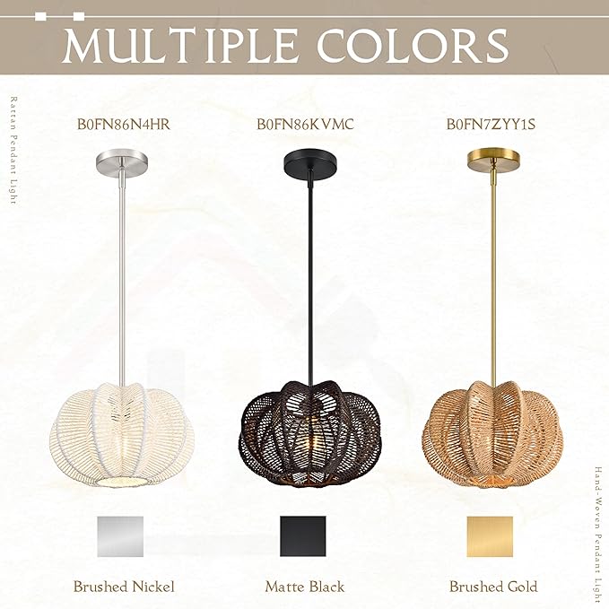 Rattan Pendant Light 12.6 in Hemp Rope Rattan Light Fixture Woven Pendant Wicker Chandelier Boho Chandelier for Hallyway