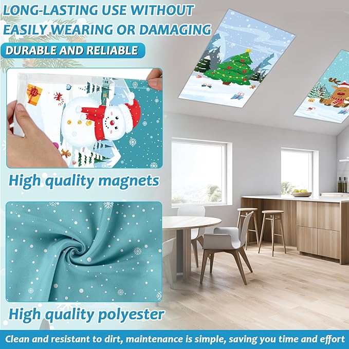 8 Pcs Fluorescent Light Covers with 60 Magnets Decorative Classroom Ceiling Lights 4 x 2 Feet Magnetic Light Cover Filter Easy Install for Office Hospital Home Ceiling Supply(Winter Christmas Cartoon)