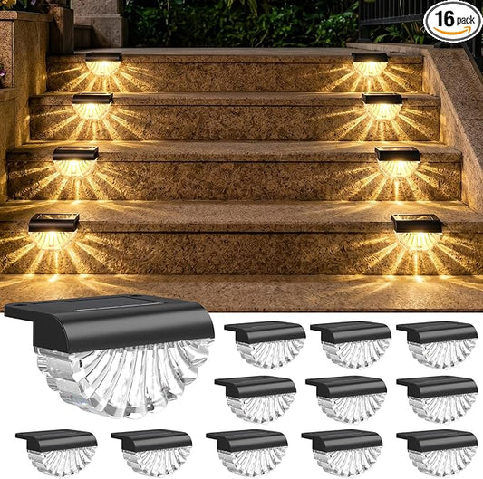 Greluna Solar Step Lights Outdoor, 16 Pack Waterproof Deck Lights, Auto Dusk to Dawn Fence Lights with Warm White Glow, Easy Install for Fence, Patio, Stairs, Pathway, Garden Lighting