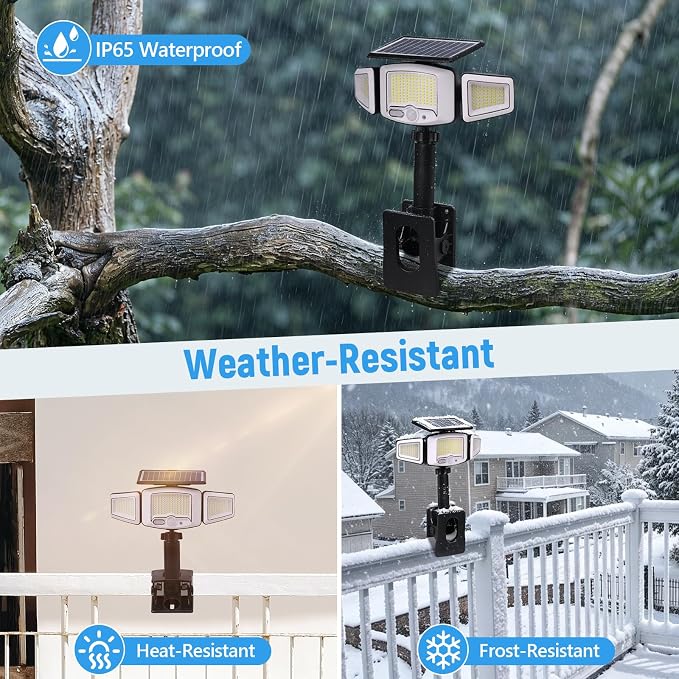Clip on Solar Lights Outdoor with 3 Heads & 360°Angle Lighting, 1000LM 231 LEDs Motion Sensor Outdoor Lights, IP65 Waterproof Dual Charging Security Flood Light for Patio Fence Gutter (2 Pack)