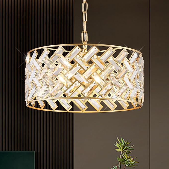 Gold Crystal Chandelier, 18" Modern Drum Ceiling Light Fixture, Luxury 6-Light K9 Crystal Pendant Lighting, Convertible Semi Flush Mount Hanging Light for Dining Room, Living Room, Bedroom, Kitchen