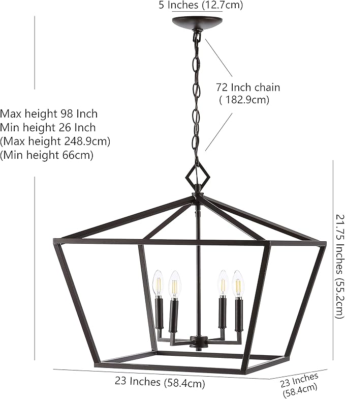 JONATHAN Y 23" Oil Rubbed Bronze 4-Light Rustic Glam Adjustable Iron LED Pendant, Open Cage Lantern Hanging Light for Dining Room, Kitchen Island, Foyer, Farmhouse French Country (JYL7520B)